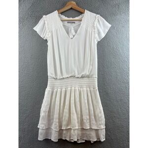 Tart Collections White Smocked Waist Tassel V-Neck Tiered Mini Dress M